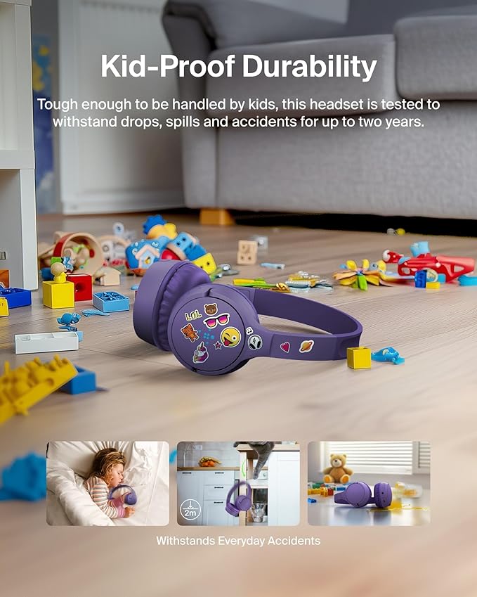 Belkin SoundForm Mini - Wireless Bluetooth Kids Headphones, 30H Battery, 85dB Safe Volume Limit, Built-in Microphone - Toddler On-Ear Earphones for iPhone, iPad, Fire Tablet, Ideal for School - Purple
