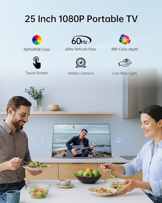 KTC 25 Inch Portable TV - Smart Touch Screen with Google Play, Android 14, Qualcomm 8G RAM+128G Storage, 1080P Smart Handy TV with 8MP Camera and Battery, Touchscreen Monitor for Camping, Bathroom