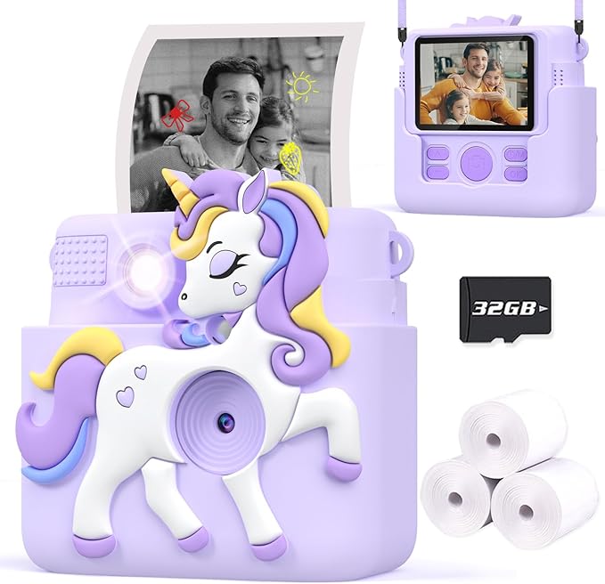 Kids Camera Instant Print Gifts for Girls Age 4-12, Instant Camera for Kids with Silicone Cover, 1080P Kids Digital Camera Toys for 3 4 5 6 7 8 9 10 Years Old Girls 32GB Card Lilac