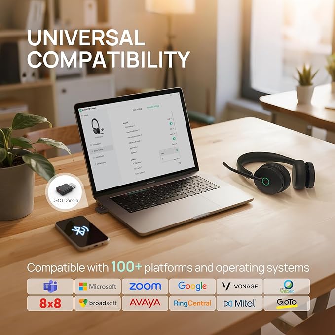 Yealink WH68 Hybrid ANC DECT&Bluetooth Wireless Headset with Adapter, 492ft Rang Stereo Active Noise Cancellation Headphones for Teams,Zoom,UCwith 6X Mic, 32H Call,Dual Ear Headsets (PC,Mobile,Phone)