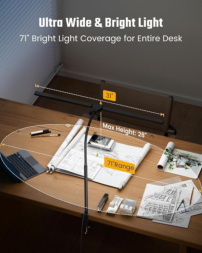 Eye-Caring Desk Lamp with Clamp, LED Desk Light Bar for Dual Monitors, Adjustable Gooseneck Table Lamp with 3 Color Modes, Smooth Dimming Office Desk Lamp for Home Office, Study, Computer Work