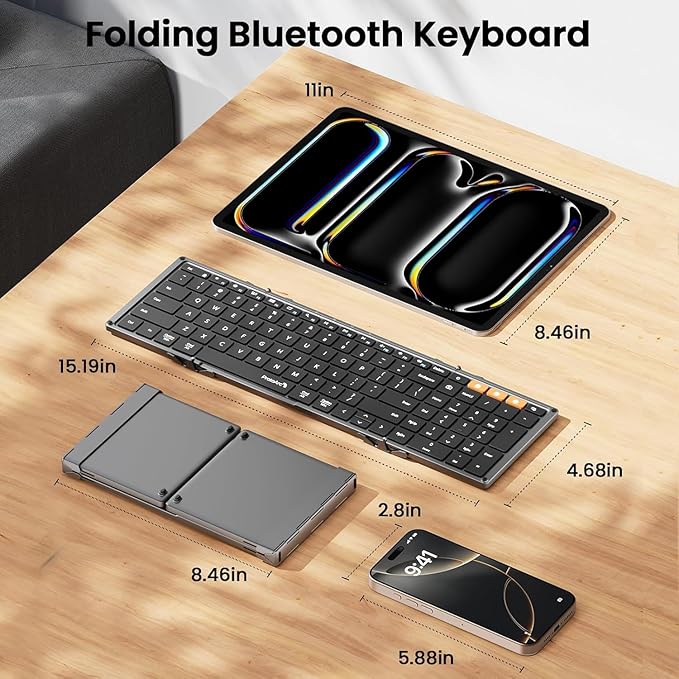 ProtoArc Foldable Bluetooth Keyboard, XK01 Folding Wireless Portable Keyboard with Numeric Keypad, Full-Size Travel Keyboards for iPad Tablet Smartphone Laptop PC Windows iOS Android, Space Gray