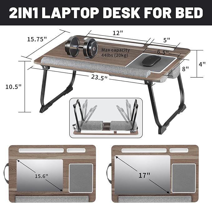 Lap Desk Bed Desk,17In Foldable Laptop Bed Tray Table with Mouse Pad,Wrist Rest and Adjustable Dual Cushion, Portable Wood Laptop Stand for Bed Sofa,Multifunctional Slot for Tablet & Phone