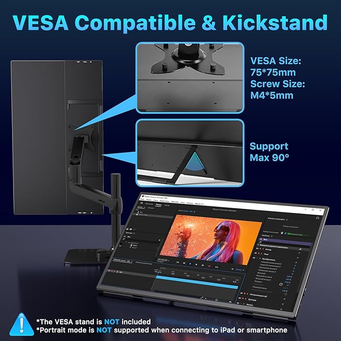 Portable Monitor 21.5" FHD 110% sRGB 120Hz IPS HDR HDMI USB-C Travel Monitor for Laptop MacBook PC Surface PS5 Xbox, Large External Display with Kickstand & Speakers, VESA Compatible