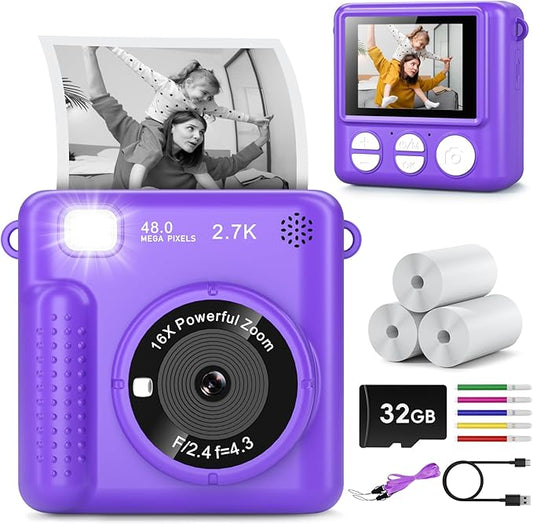Kids Camera Instant Print, Christmas Birthday Gifts for Girls Boys Age 3-12，HD Selfie Kids Digital Camera, Portable Travel Toy for 3 4 5 6 7 8 9 10 Year Old Girls (Purple)