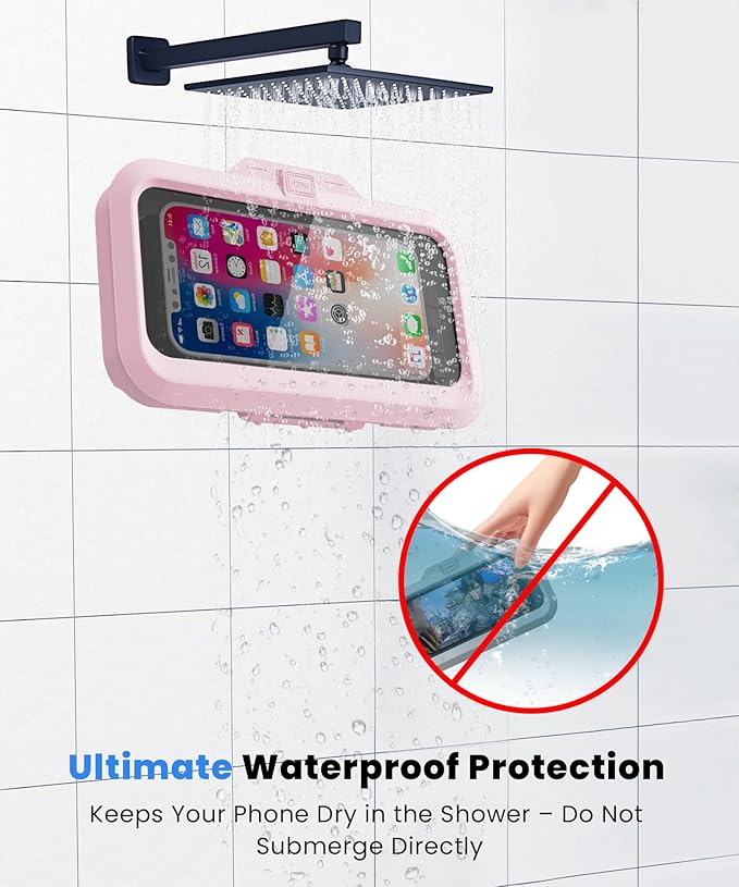 URROY Shower Phone Holder Waterproof One-Touch Open Shower Phone Case Anti-Fog & Sensitive Touchscreen Bathroom Wall Phone Mount Stand Universal Fit for iPhone & Smartphones Gift for Men Women Pink