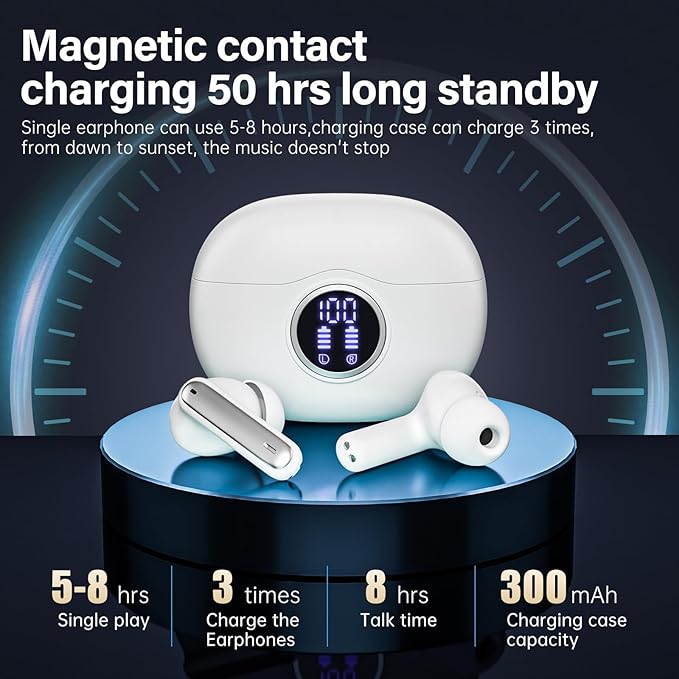 Wireless Earbuds, Bluetooth 5.3 Headphones HiFi Stereo 50H Playback LED Digital Display Ear Buds with ENC Noise Canceling Headset, IPX7 Waterproof Earphones for Gym/Running/Work