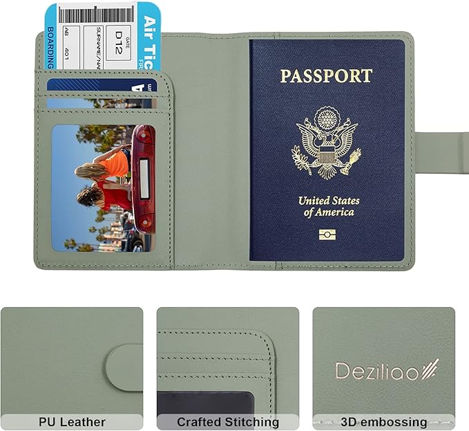 Deziliao Passport Holder,Passport Holder Card Slots, Passport and Vaccine Card Holder Combo, Cute Passport cover for Women and Men, with Waterproof Rfid Blocking, Passport Travel Wallet(Moss green)