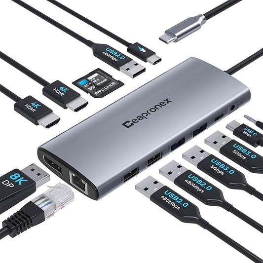 USB C Docking Station UBS C Hub for Laptop Dual Monitors 14 in 1 Multiport Dongle Dock with 2* HDMI +DP+USB C/A 100w PD+Ethernet+Data Transfer for MacBook/HP/Dell/Lenovo Thinkpad/iPad/Mac