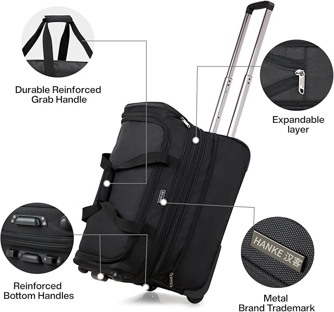 Hanke Large Expandable checked Luggage Suitcases with Wheels Foldable Duffle Bag for Travel suitcase for Women Men Garment Bag（Black）