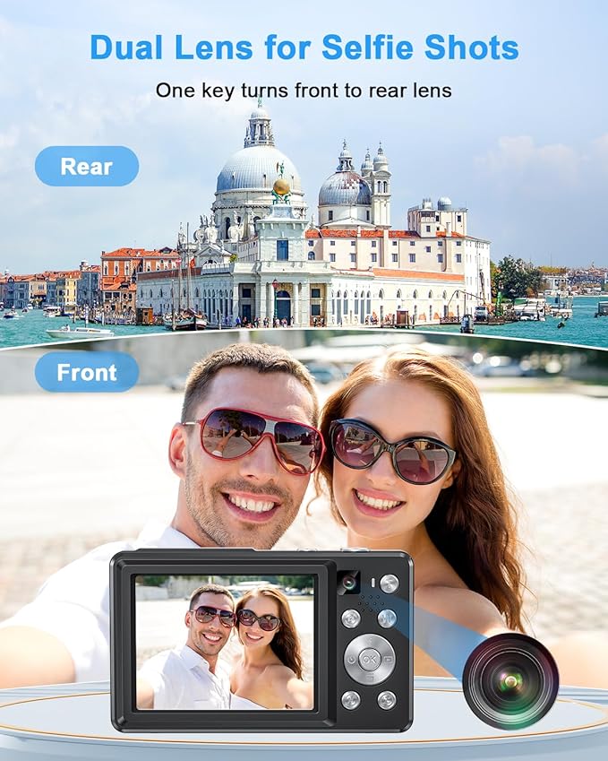 Digital Camera 4K, Compact Point and Shoot Digital Camera with Auto Focus, Dual Camera, Flash, 16X Zoom, 32GB Card, 64MP Cameras for Photography, Boys, Girls, Teens, Adults Vlogging Camera, Black