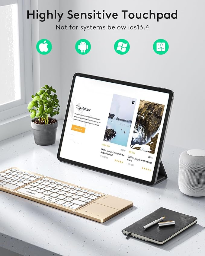 Samsers Multi-Device Foldable Bluetooth Keyboard with Touchpad, Rechargeable Dual-Mode(2.4G+BTx2) Wireless Keyboard with Holder, Portable Folding Keyboards for Android Windows iOS Mac OS - Gold