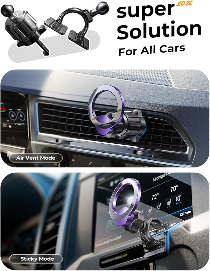 LISEN for MagSafe Car Mount, Magnetic Phone Holder, 360 Hands Free Vent iPhone Magnetic Car Mount, Magnet Phone Holder with Dashboard Pads & Mats for iPhone 17 16 15 14 13 12 Pro Max Plus Mini,Purple