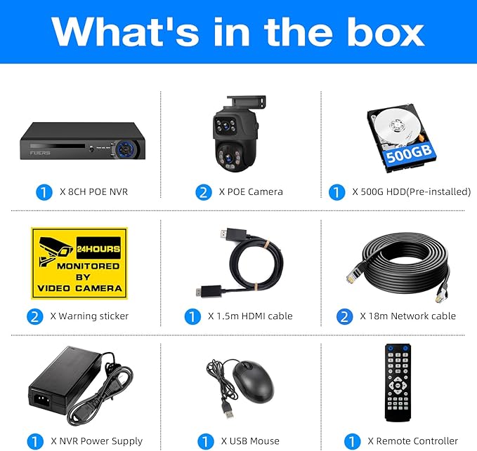 Fuers 4K POE Security Camera System with Auto-Tracking, 2pcs Wired 6MP PoE Cameras Home Surveillance Outdoor, Smart Detection, Spotlights & 2-Way Talk, 8 Channel NVR with 500G HDD for 24-7 Recording