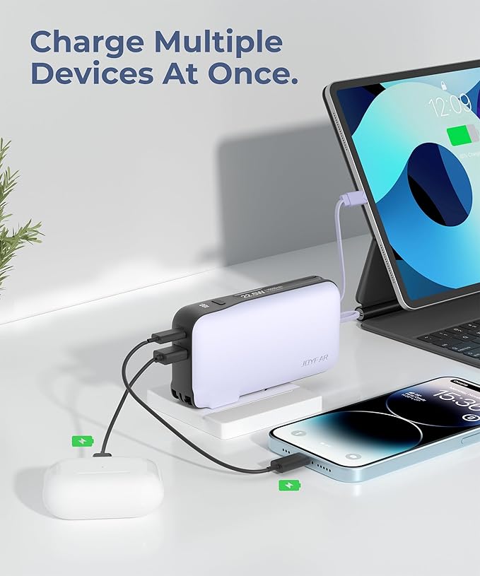 Portable Charger with Built-in USB-C Cable & Plug, 10,000mAh 5V/4.5A Power Bank Fast Charging 22.5W, Travel Essential Battery Pack 3 Output for iPhone 16/15 Series, Samsung Galaxy, iPad, 1 Pack