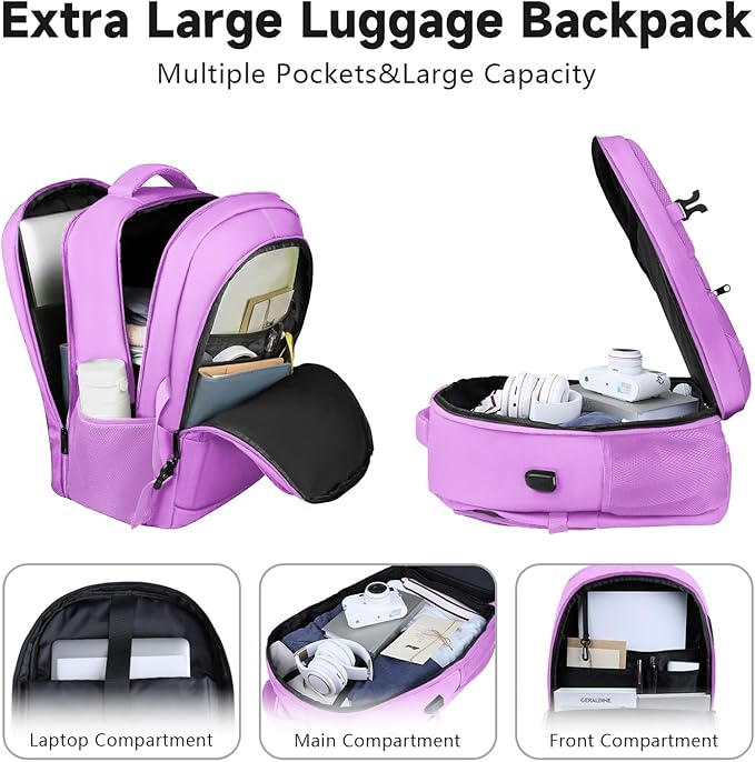 Lapsouno Large Laptop Backpack, Travel Laptop Backpack, 17.3 Inch Carry on Backpack with USB Port, TSA Travel Bag for Women, College School Backpack for Women, Light Purple