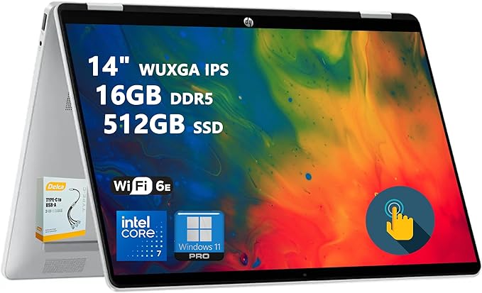 HP OmniBook 5 Flip 2-in-1 Laptop | 14" WUXGA IPS Touchscreen | 10-Core Intel Core 7 150U | 16GB DDR5 512GB SSD | Backlit Keyboard Wi-Fi6E 5MP IR Privacy Camera Win 11 Pro w/DLCA Accessory