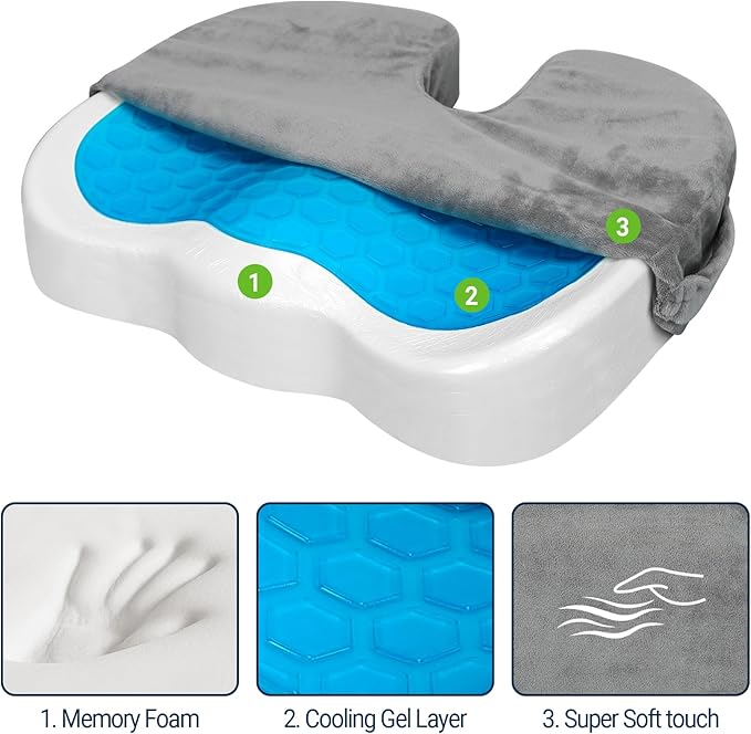 Gel Seat Cushion – Office Chair Cushion – Non-Slip Gel Memory Foam Coccyx Cushion for Tailbone Pain - Desk Chair Car Seat Cushion Driving - Sciatica Back Pain Relief, Velvet, Grey