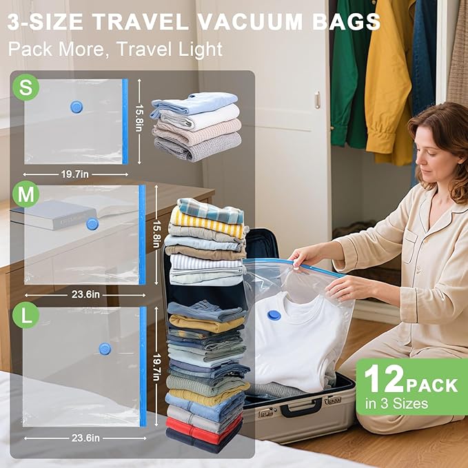 Mapambo Travel Game Changer- 12-Pack Travel Vacuum Bags with Smart-Stop Technology Pump, ≤60dB Silent Travel Essential, Travel Vacuum Bags for Luggage, Cruise Essentials