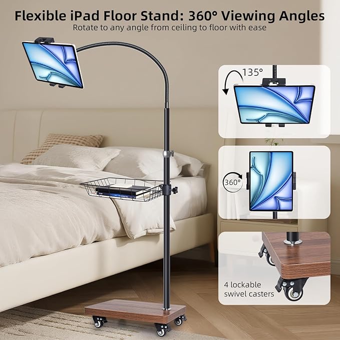 Adjustable Floor Tablet Stand with Rolling Base, Flexible Gooseneck Mount, Wood Platform, Mobile Device Holder for Indoor Use