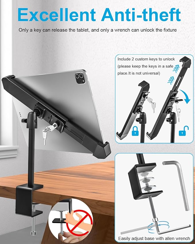 woleyi Anti-Theft Retail Kiosk Tablet Stand - [Dual Security Lock] 360° Swivel Locking iPad POS Stand Holder, for 7-11" iPad Pro/Air/Mini, Galaxy Tab, Surface, for Store Display Office Kitchen Desktop
