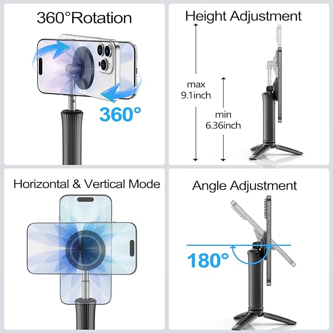 Phone Holder Stand for Desk,Adjustable Phone Holder for Recording,iPhone Stand for Filming,Cell Phone Stand Office Camping Travel Essentials,Detachable Tripod, Magnetic Stand for iPhone,Galaxy