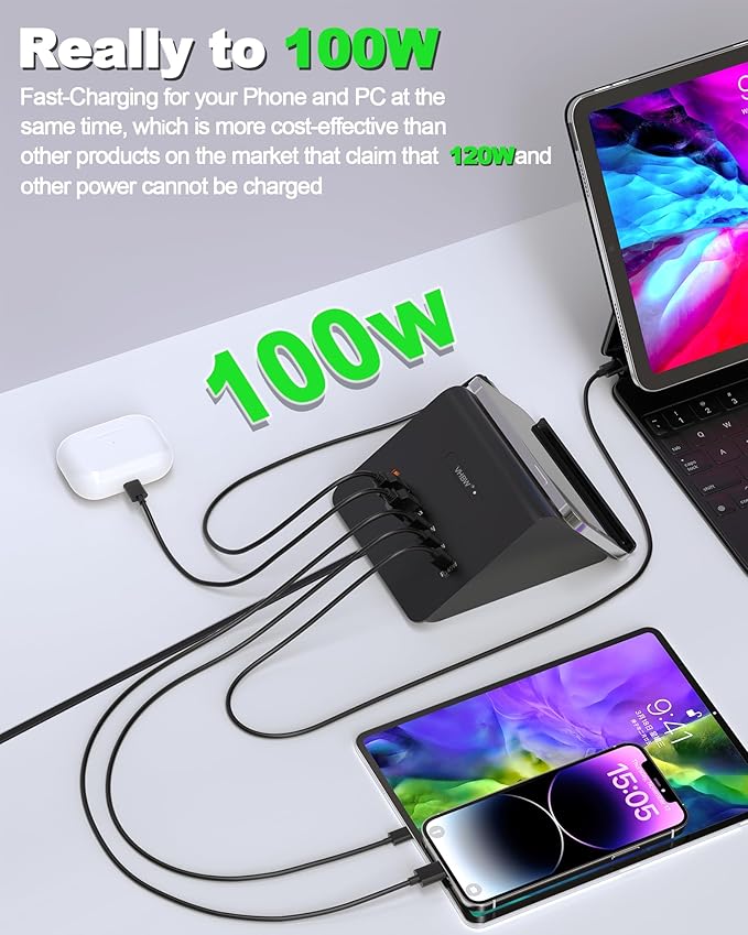 Multi-Device Charging Station, 100W GaN 6-Port USB C Charger Hub with 45W PD Wall Adapter & 15W Wireless Charger. Compatible with iPhone, iPad, Samsung & Laptops. Fast & Efficient (100W-Black)