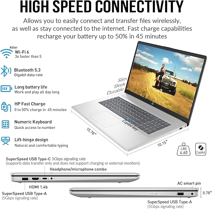 HP 2025 Laptops 17 Inch, 17.3" Laptop Computer, HD+ Large Screen, Intel Core i3 (8-Cores), 32GB RAM 1TB SSD, Windows 11 Pro, Lifetime Office, Number Pad, Wi-Fi 6, USB-C
