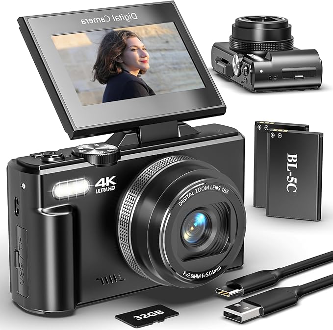 Digital Camera for Photography and Vlogging, 4K Autofocus YouTube Camera with 3" 180° Flip Screen, WiFi, 18X Zoom, Flash, 2 Batteries & 32GB SD Card