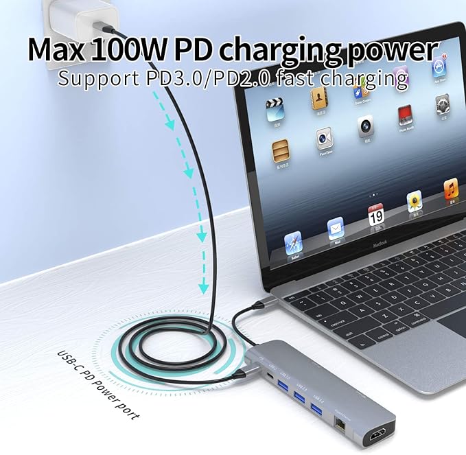 USB C Hub Multiport Adapter, 9 in 1 Docking Station Laptop with HDMI, Ethernet, 100W PD, 3 USB 3.0 Ports, USB-C Data Port, SD/TF Card Reader, Compatible with MacBook Pro/Air/Dell XPS/Lenovo
