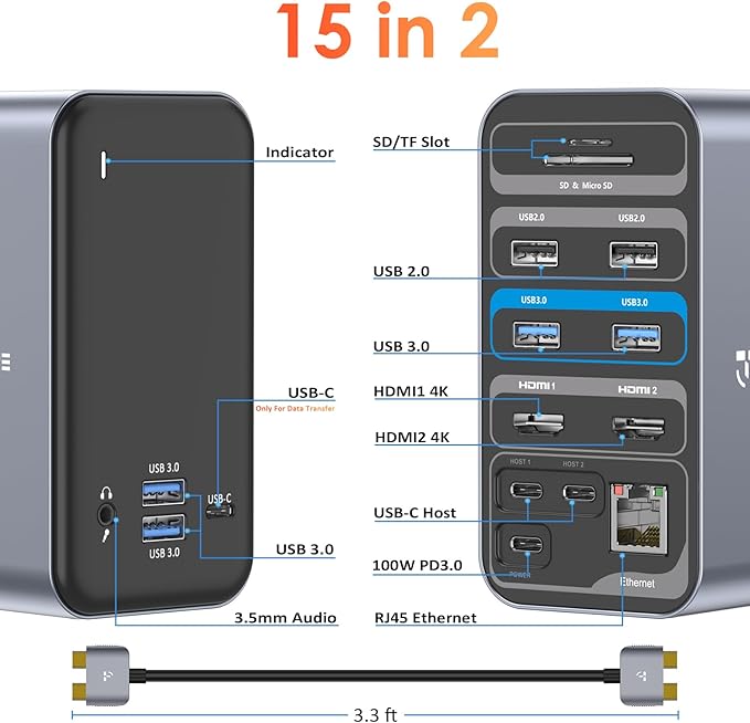 USB C Docking Station Dual Monitor for MacBook Pro, 15 in 2 USB C Laptop Docking Station Dual Monitor HDMI for MacBook Pro/Air with 2 4K HDMI Display, 6 USB A,USB C, SD&Micro SD,LAN, 87W PD 3.0