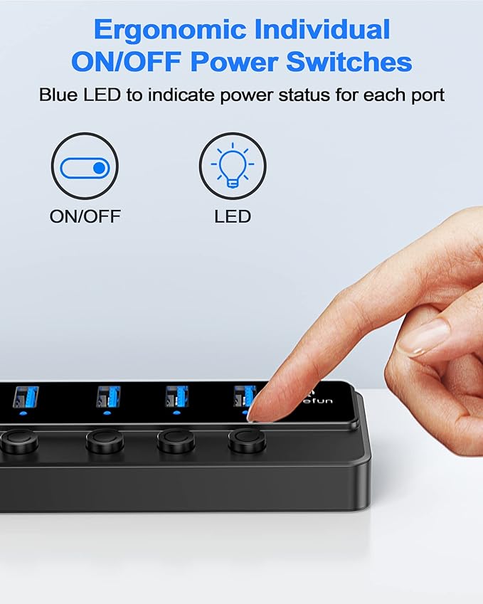 Qeefun Powered USB Hub, 7-Port USB 3.0 Data Extender with Individual LED On/Off Switches and 12V/2A Power Support Port, USB Splitter Expander for Laptop, Desktop PC, iMac and More