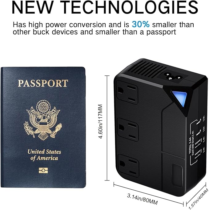 Universal 100V-220V Travel Converter，250W Voltage Converter with 2 USB and 2 USB-C Charging Ports and 3 AC Plugs for curlers, straighteners, Included Plugs are Type A, C, D, G, I, L