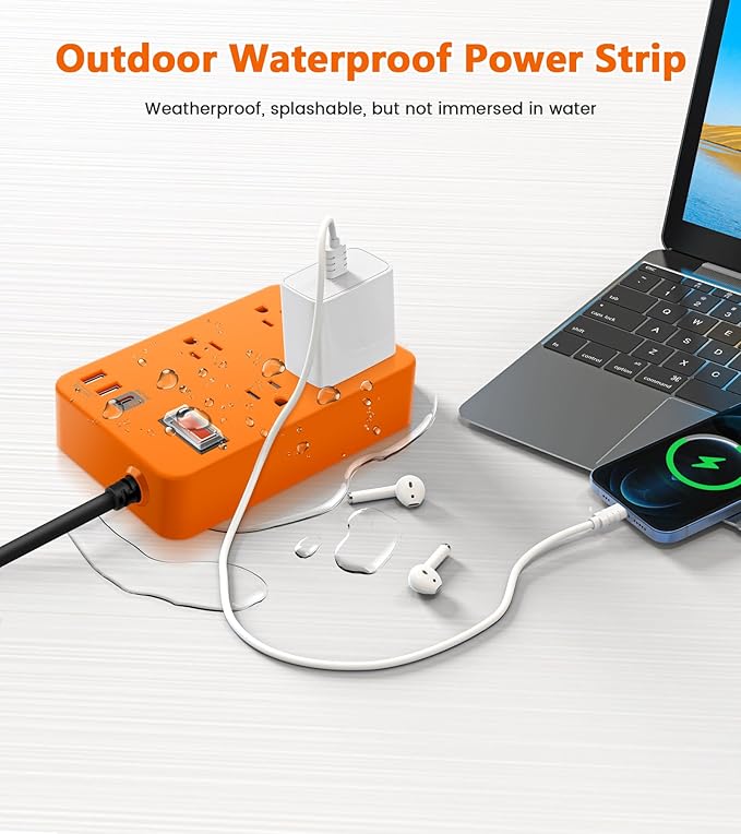 Outdoor Power Strip Weatherproof,Fast Charging Station 20W USB C,Waterproof Surge Protector 4 Outlets, Multi Outlet Extension for Camping, Garden, Kitchen,Bathroom,Flat Plug (Orange, 6 FT Cable)