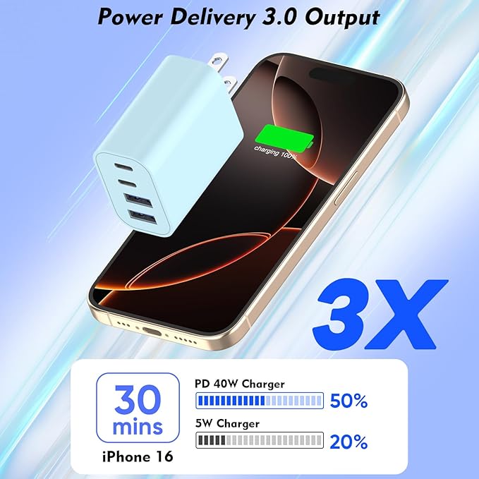 40W iPhone 17 Fast Charger Block,3Pack 4-Port USB C Charging Blocks QC Wall Plug+PD 3.0 Power Adapter Multiport Apple USB C Charging Plug for iPhone 17/Air/Pro/16/16e/15/15 Pro Max/14/13/12/iPad(Blue)