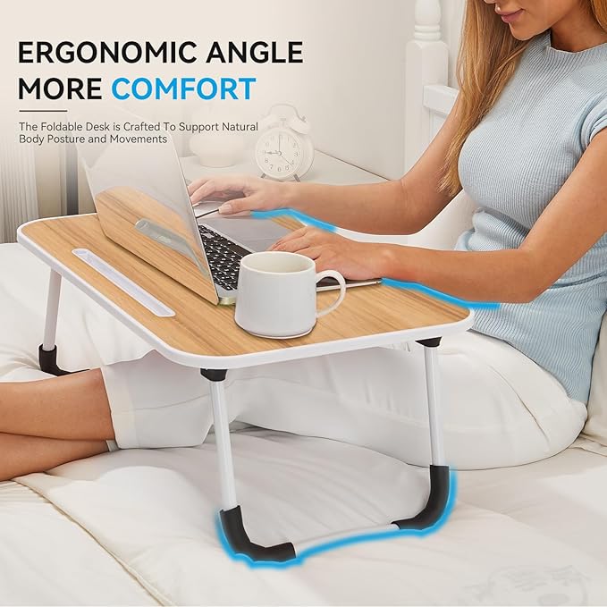 BUYIFY Folding Lap Desk, 23 Inch Portable Wood Yellow Laptop Bed Desk Lap Desk with Cup Holder, for Working Reading Writing, Eating, Watching Movies for Bed Sofa Couch Floor