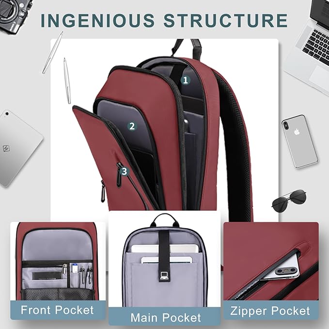 hk Backpack for Men Business Slim Backpack with USB Charger Computer Lightweight Anti-theft Travel (Red, 17.3 Inch)