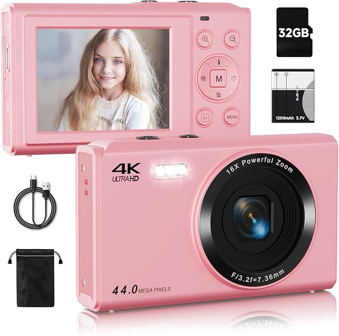 Digital Camera, FHD 4K 44MP Autofocus Point and Shoot Camera with 2.4" LCD 16X Zoom Portable Compact Cheap Camera for Teens Boys Girls Kids Adults (Pink)