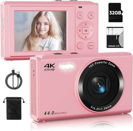 Digital Camera, FHD 4K 44MP Autofocus Point and Shoot Camera with 2.4" LCD 16X Zoom Portable Compact Cheap Camera for Teens Boys Girls Kids Adults (Pink)