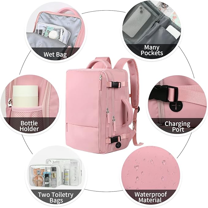 Hanples Carry on Travel Backpack for Women, Large 35L Personal Item Luggage Backpack,17 inch Laptop Backpack TSA Flight Approved, Travel Essentials Casual Daypack with 2 Toiletry Bags (Pink)