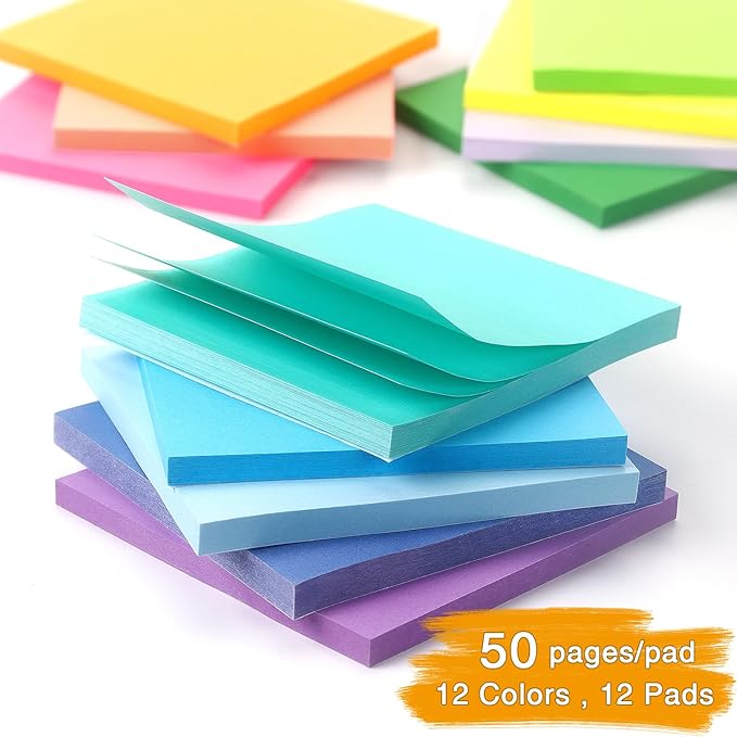 12 Pack Bright Colors Sticky Notes 3x3 Inch, Strong Sticky Self-Adhesive Notepads, 50 Sheets/Pad, 12 Multicolor for Office, School, and Home Organization