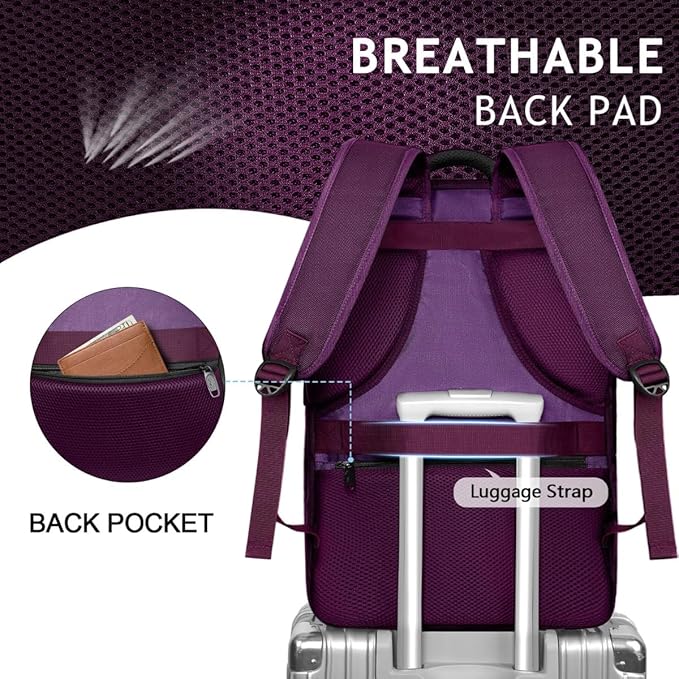 MATEIN Large 45L Travel Backpack for Women, Airline Approved Carry on Backpack with USB Port & Shoe Compartment, Water Resistant Luggage College Overnight Weekender Travel Bag Fit 18" Laptop, Purple