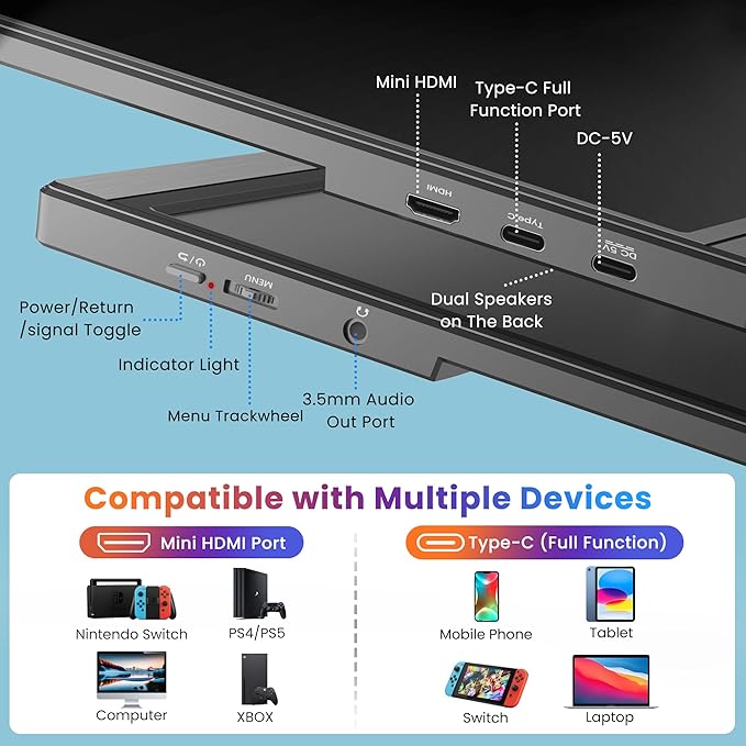 BIGASUO Portable Monitor for Laptop, 15.6'' FHD 1080P USB-C HDMI Travel Monitor, HDR IPS Ultra-Slim Portable Screen with Kickstand & Speakers, Extra Screen for Laptop PC MAC Phone PS4/5 Xbox Switch