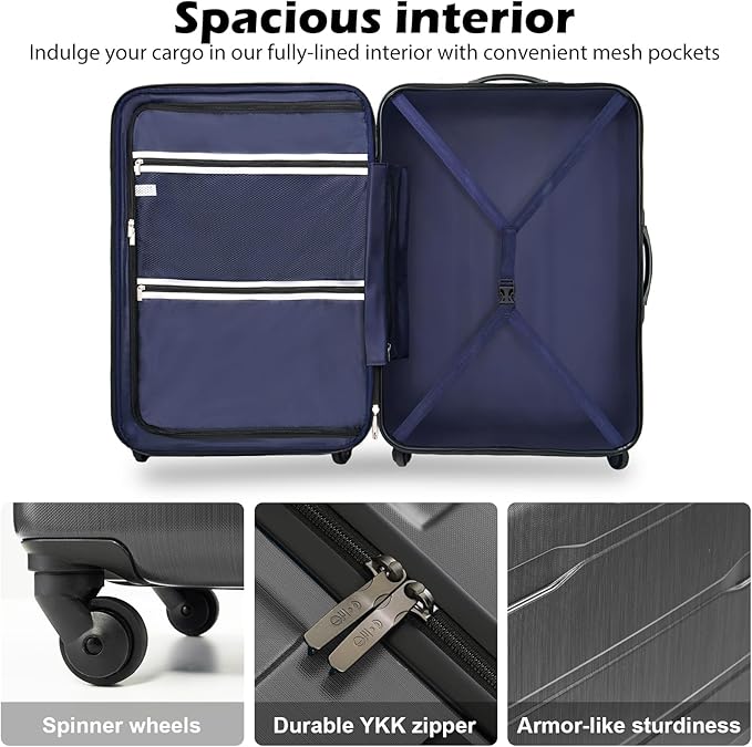 Coolife Luggage Expandable 3 Piece Sets PC+ABS Spinner Suitcase 20 inch 24 inch 28 inch (Charcoal., 3 piece set)