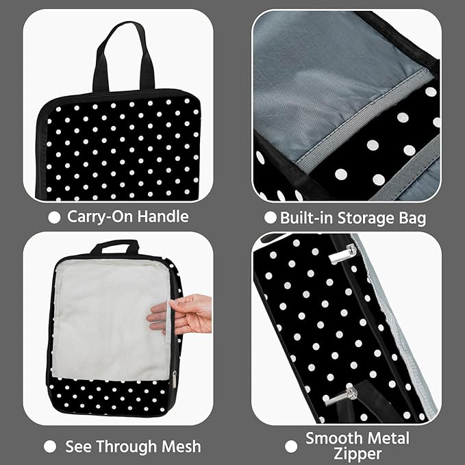 7 Pcs Compression Packing Cubes for Travel, Waterproof Suitcase Luggage Backpack Organizer with Toiletry Bag Travel Essentials for Women/Men-Polka Dots