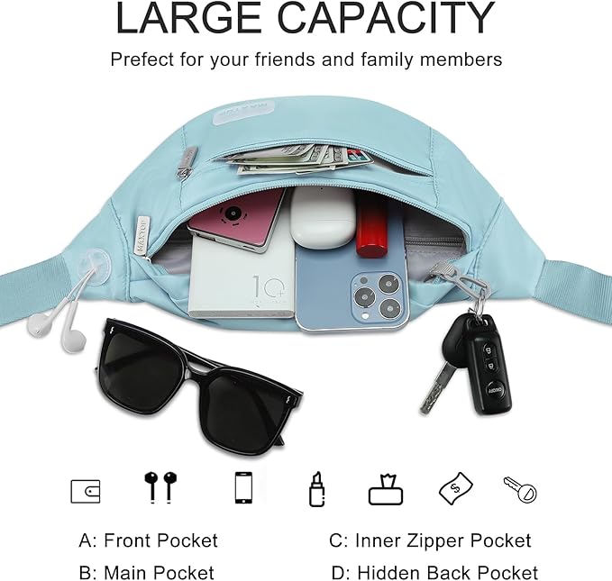 MAXTOP Large Crossbody Fanny Pack with 4-Zipper Pockets,Gifts for Enjoy Sports Festival Workout Traveling Running Casual Hands-Free Wallets Waist Pack Phone Bag Carrying All Phones