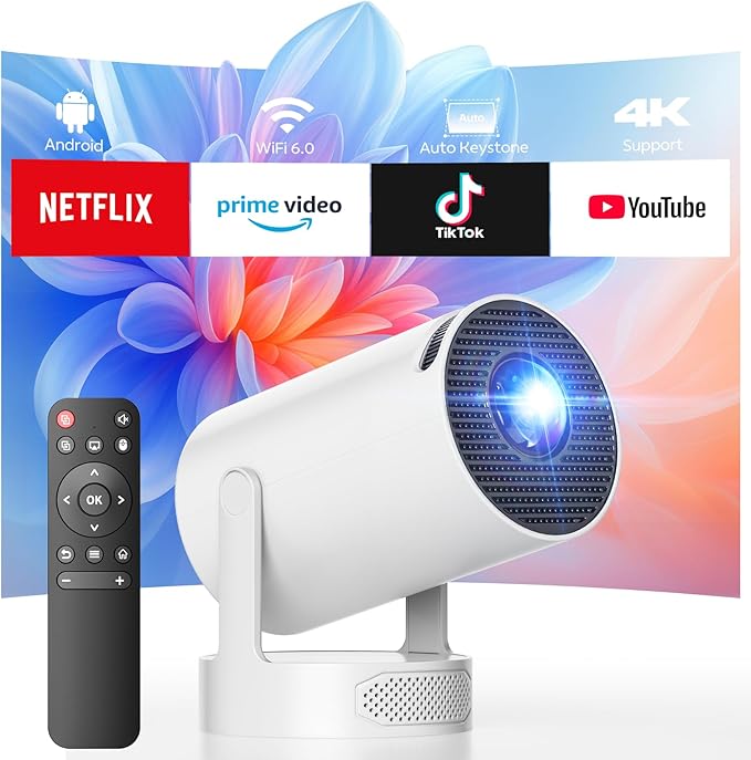 Mini Projector with WiFi and Bluetooth, 4K Support Portable Projector with 5w Soundbase Speaker, 300 ANSI, 220° Rotation , Android 11, Auto Keystone Video Projector, Compatible with HDMI, USB, Phone