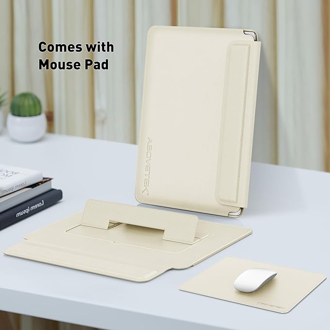 AboveTEK Laptop Sleeve Case for 13-14 inch MacBook Air/Pro, Slim Laptop Case with Stand, Ergonomic Wrist Rest & Mouse Pad, Waterproof Anti-Scratch Leather Bag for 13-14 Surface HP (Beige)