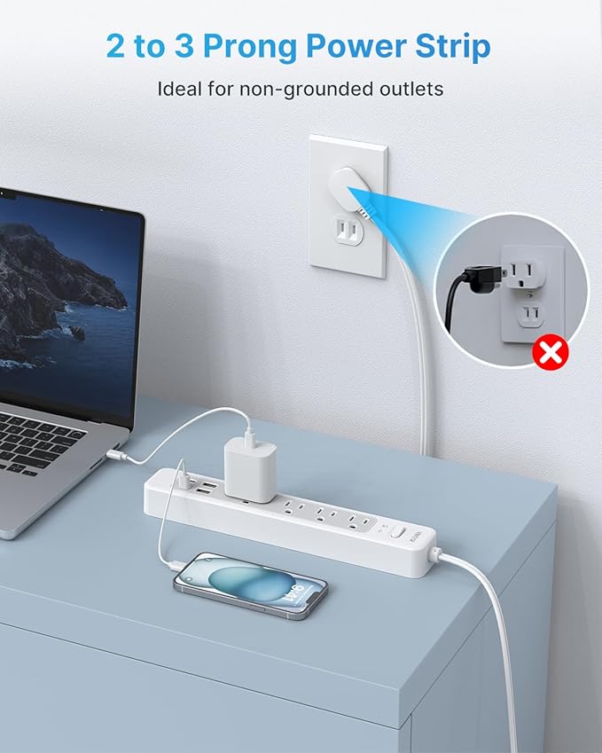 VINTAR 2 Prong Power Strip, 2 Prong to 3 Prong Outlet Adapter, 10ft Extension Cord with 4 Outlets & 4 USB(2 USB-C), 1440J Flat Plug Two Prong Surge Protector, Wall Mountable Ideal for Old House
