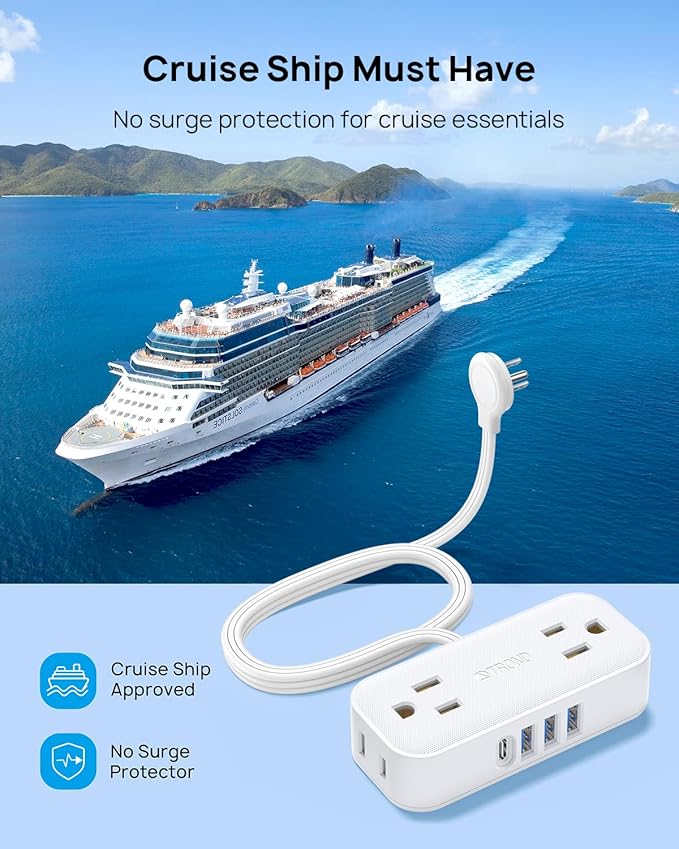 TROND Travel Power Strip with USB Ports, 10ft Flat Plug Extension Cord with Multiple Outlets, Small Wall Mount Extender Adapter for Office Dorm Room Essentials, White